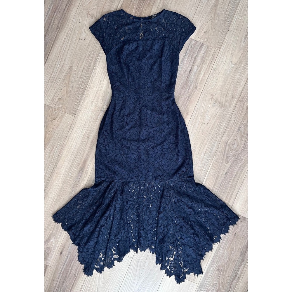 Banana Republic Navy Floral Lace Handkerchief Hem Midi Dress 10T Dark Romantic
